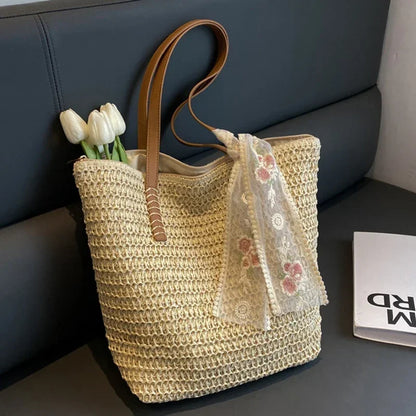 Summer Large Capacity Tote Bag Women Shoulder Bags Handmade Woven Bag Fresh Rural Handheld Grass Woven Women Bags