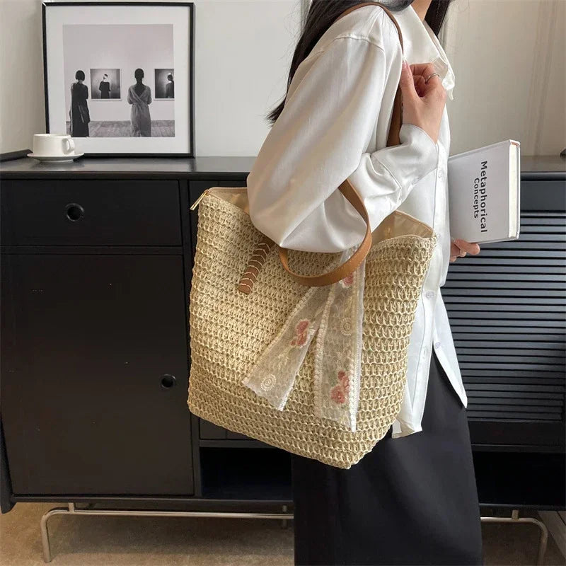 Summer Large Capacity Tote Bag Women Shoulder Bags Handmade Woven Bag Fresh Rural Handheld Grass Woven Women Bags