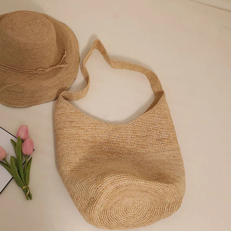 Summer New 2024 Beach Style Straw Bag Large Capacity Single Shoulder Bucket Bags Casual All-match Travel Pouch Female Purses