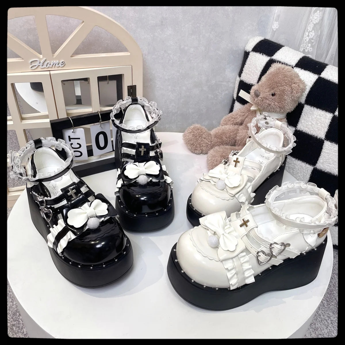Sweet Girls Lolita Gothic Lace Shoes Love Monk Straps High Heels Cute Bowknots Cross Flat Platform Mary Janes