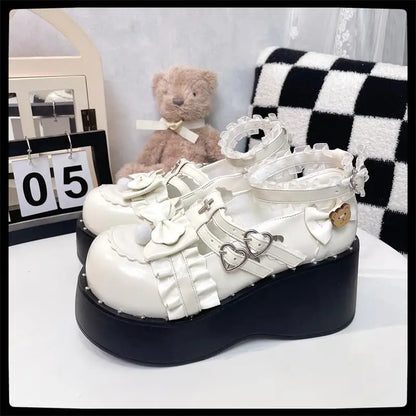 Sweet Girls Lolita Gothic Lace Shoes Love Monk Straps High Heels Cute Bowknots Cross Flat Platform Mary Janes