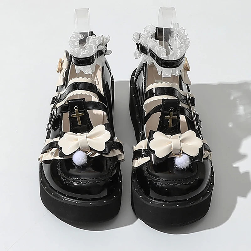 Sweet Girls Lolita Gothic Lace Shoes Love Monk Straps High Heels Cute Bowknots Cross Flat Platform Mary Janes