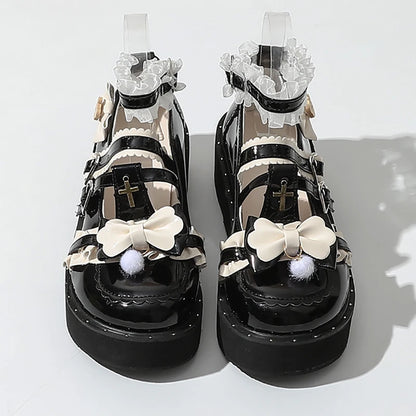 Sweet Girls Lolita Gothic Lace Shoes Love Monk Straps High Heels Cute Bowknots Cross Flat Platform Mary Janes