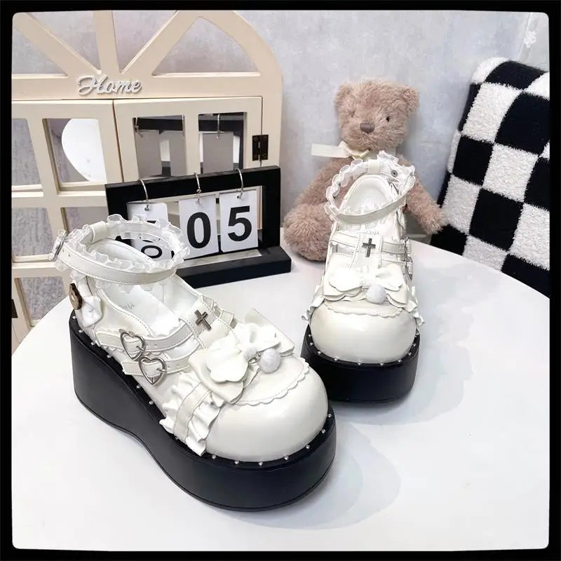 Sweet Girls Lolita Gothic Lace Shoes Love Monk Straps High Heels Cute Bowknots Cross Flat Platform Mary Janes