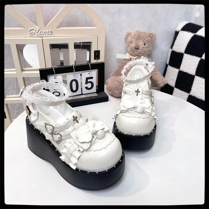 Sweet Girls Lolita Gothic Lace Shoes Love Monk Straps High Heels Cute Bowknots Cross Flat Platform Mary Janes