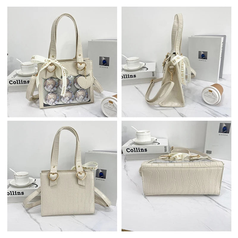 Sweet Japan Style Lolita Girl JK Cute HandBags Women Kawaii Hear Buckle Ribbon Shoulder Bags Transparent Itabags