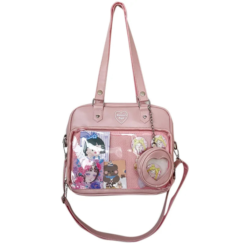 Sweet Japan Style Lolita Girly Girl JK Anime HandBags Women PU Shoulder Bags Kawaii Transparent Heart Itabags Bolso