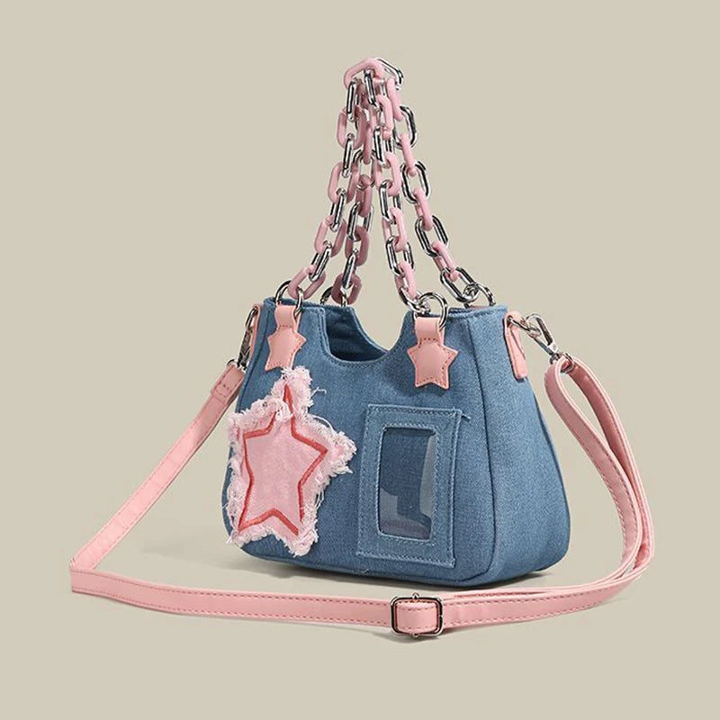 Sweet Japanese Hottie Gyaru Girls Lolita Denim Shoulder Bags Chains HandBags Kawaii Transparent Layer Itabags