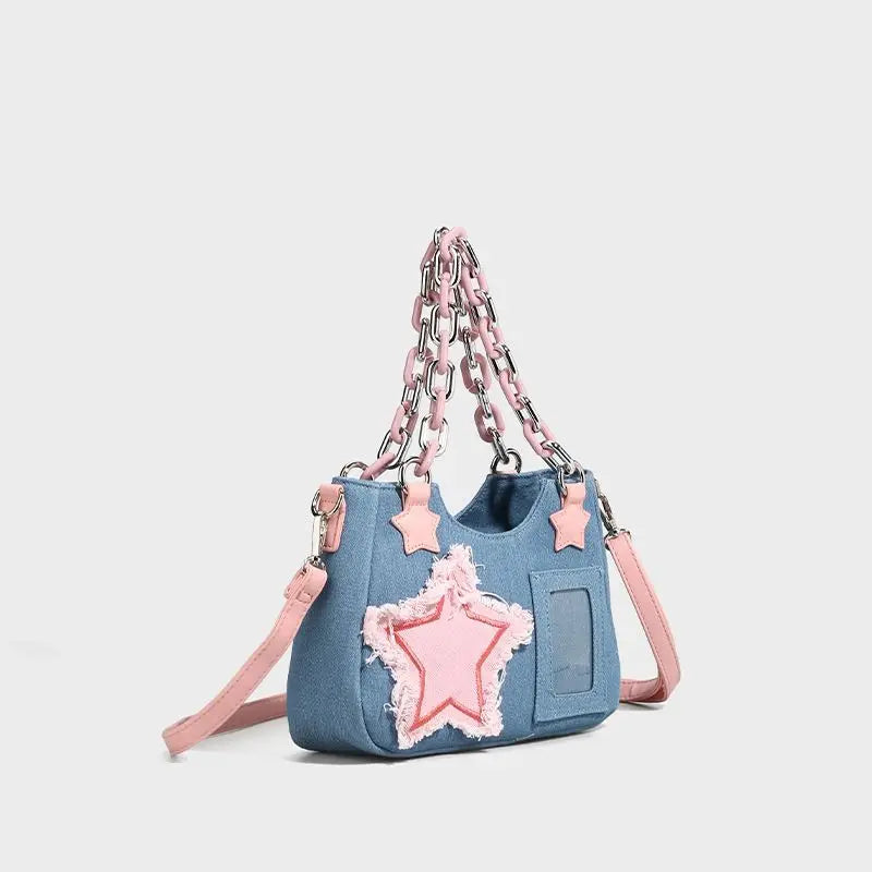 Sweet Japanese Hottie Gyaru Girls Lolita Denim Shoulder Bags Chains HandBags Kawaii Transparent Layer Itabags