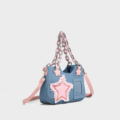 Sweet Japanese Hottie Gyaru Girls Lolita Denim Shoulder Bags Chains HandBags Kawaii Transparent Layer Itabags