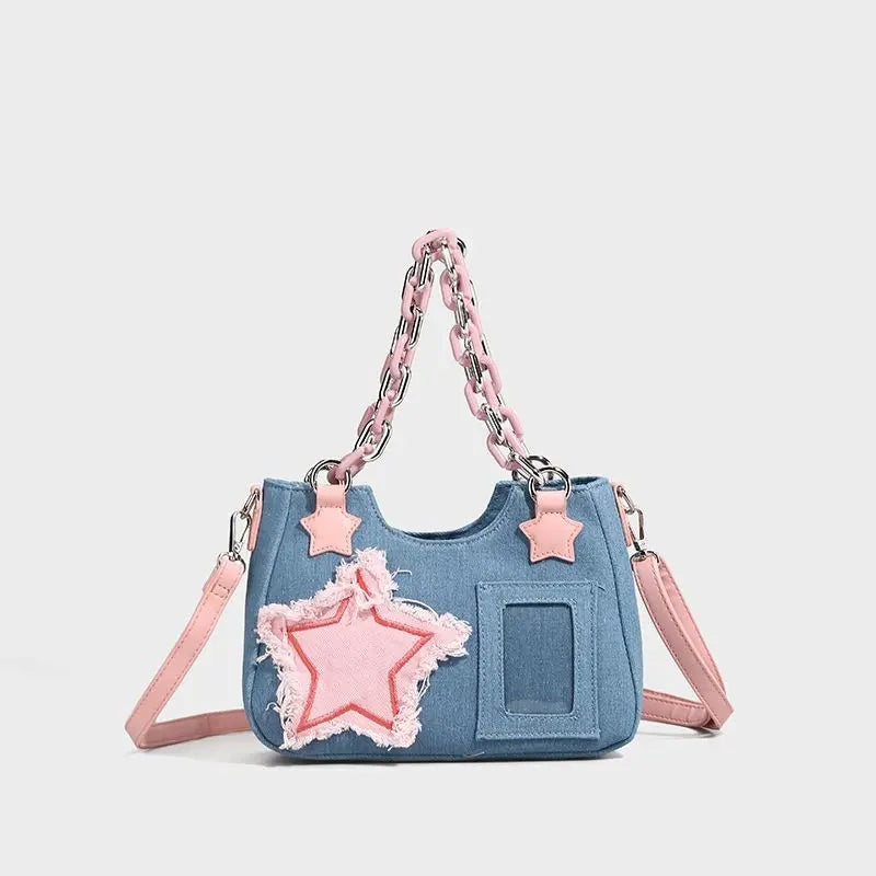Sweet Japanese Hottie Gyaru Girls Lolita Denim Shoulder Bags Chains HandBags Kawaii Transparent Layer Itabags