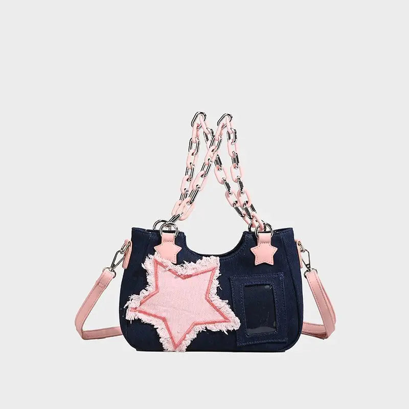 Sweet Japanese Hottie Gyaru Girls Lolita Denim Shoulder Bags Chains HandBags Kawaii Transparent Layer Itabags