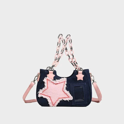 Sweet Japanese Hottie Gyaru Girls Lolita Denim Shoulder Bags Chains HandBags Kawaii Transparent Layer Itabags
