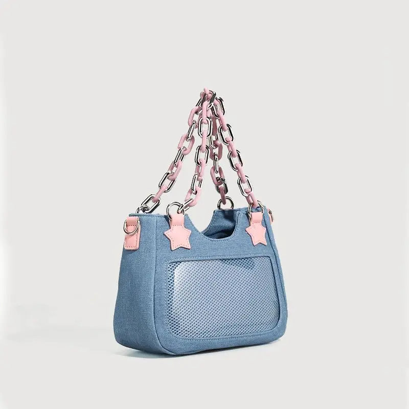 Sweet Japanese Hottie Gyaru Girls Lolita Denim Shoulder Bags Chains HandBags Kawaii Transparent Layer Itabags