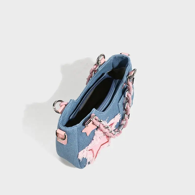 Sweet Japanese Hottie Gyaru Girls Lolita Denim Shoulder Bags Chains HandBags Kawaii Transparent Layer Itabags