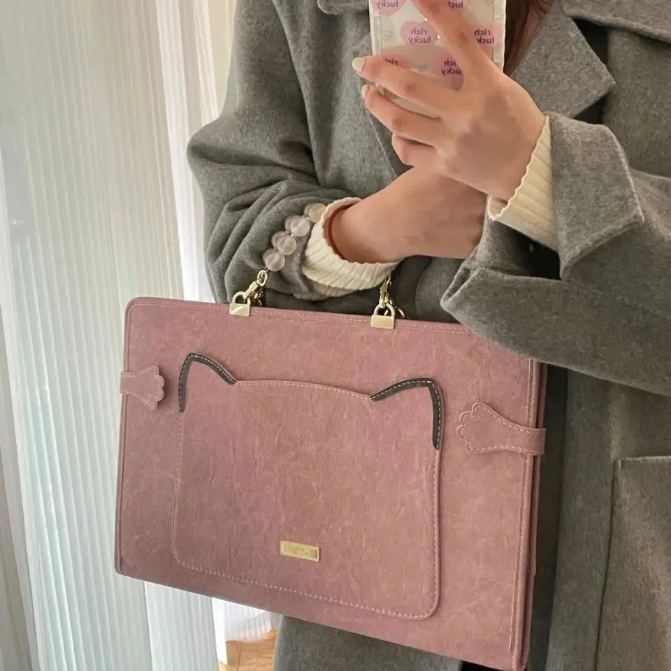 Sweet Lolita Girl Pink Cat Laptop Bags Briefcase Pearl Bracelet Cute Computer Case Handbags bolso laptop mujer