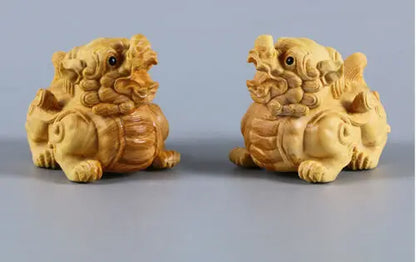 TJ126ca - 4.8*4*6 CM Carved Boxwood Figurine Carving  Home Decor: Baby Dragon Pi Xiu Pair