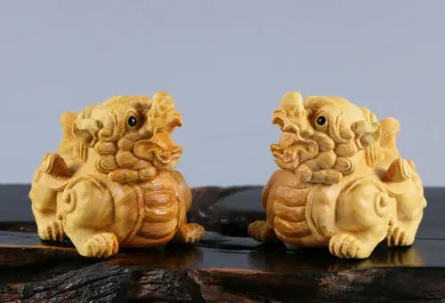 TJ126ca - 4.8*4*6 CM Carved Boxwood Figurine Carving  Home Decor: Baby Dragon Pi Xiu Pair