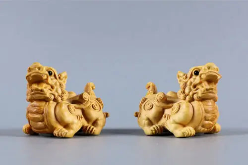 TJ126ca - 4.8*4*6 CM Carved Boxwood Figurine Carving  Home Decor: Baby Dragon Pi Xiu Pair