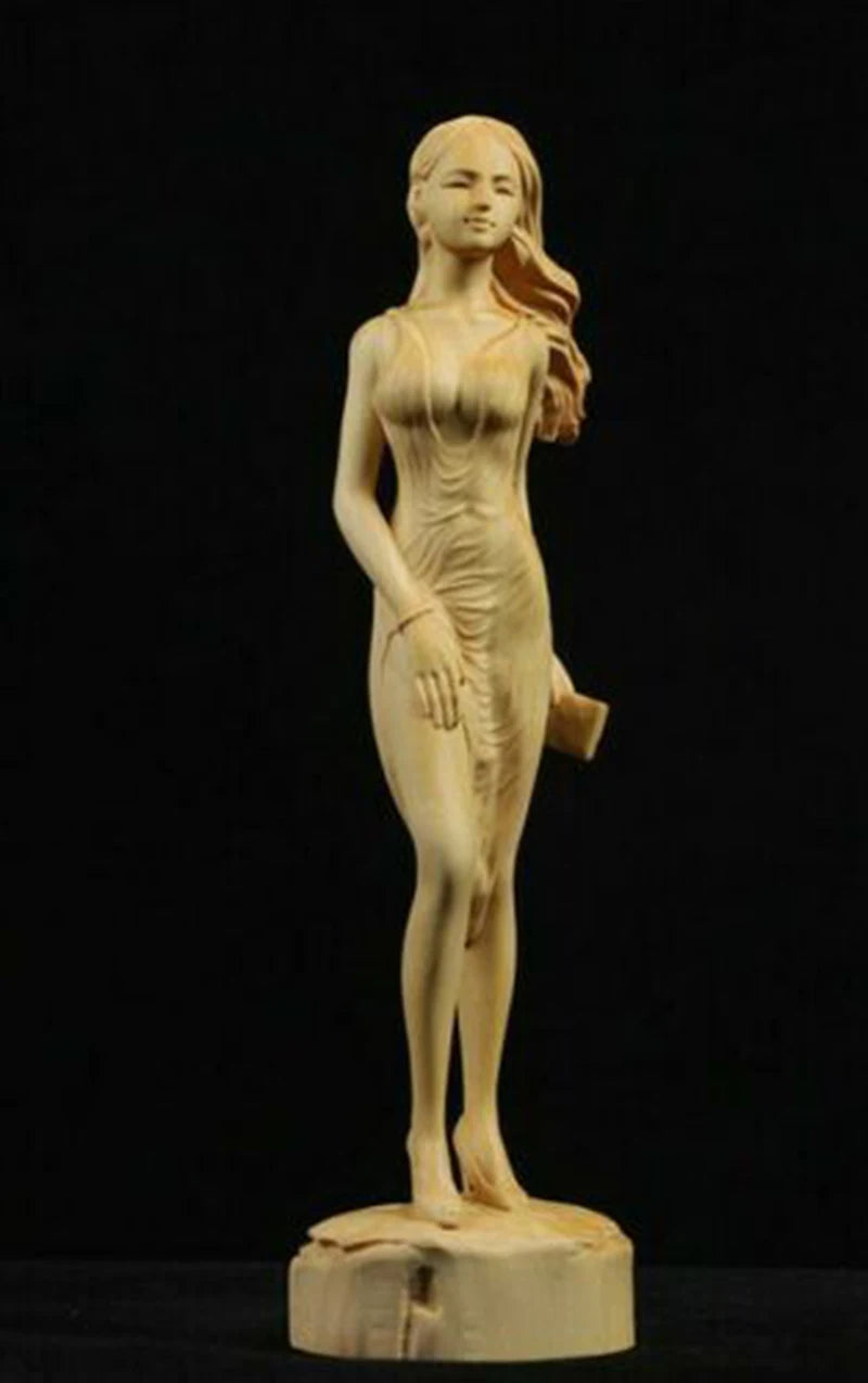TJ148ca - 22 CM High Carved Boxwood Carving Figurine - Beautiful Lady Girl