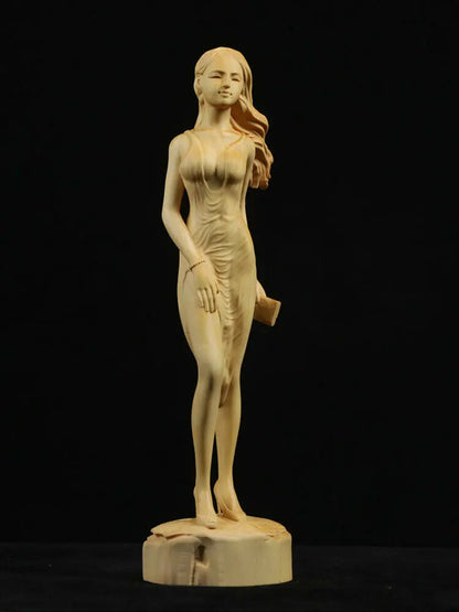 TJ148ca - 22 CM High Carved Boxwood Carving Figurine - Beautiful Lady Girl