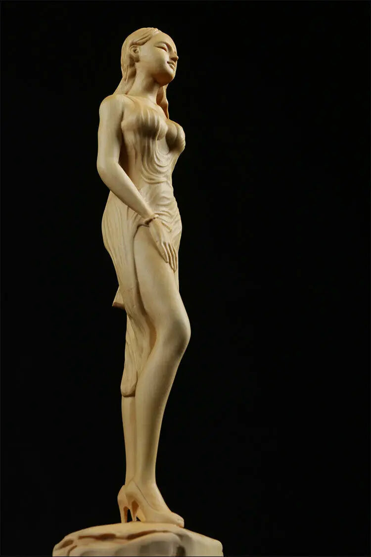 TJ148ca - 22 CM High Carved Boxwood Carving Figurine - Beautiful Lady Girl