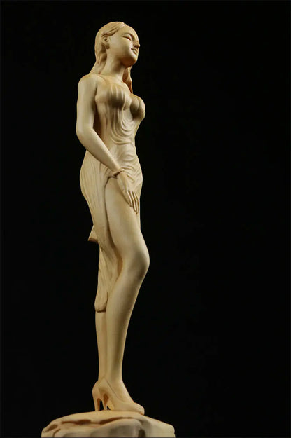 TJ148ca - 22 CM High Carved Boxwood Carving Figurine - Beautiful Lady Girl