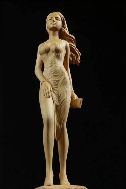 TJ148ca - 22 CM High Carved Boxwood Carving Figurine - Beautiful Lady Girl