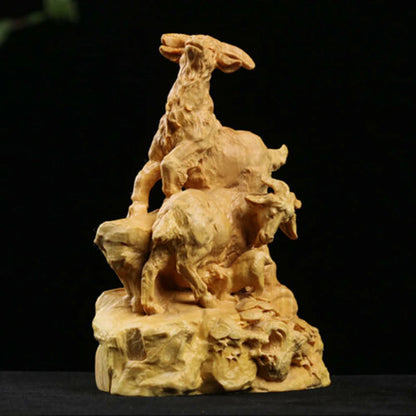 TJ153ca - 12X9.3X5.5 CM Carved Boxwood  Figurine Carving  : Goat Family