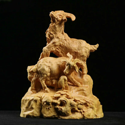 TJ153ca - 12X9.3X5.5 CM Carved Boxwood  Figurine Carving  : Goat Family