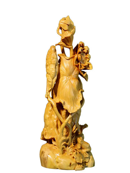 TJ171ca - 18*6.5*5.8 CM Carved Boxwood Carving Fugurine : Frog and Lotus
