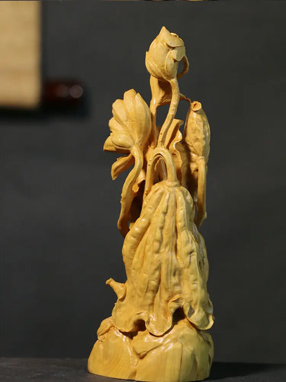 TJ171ca - 18*6.5*5.8 CM Carved Boxwood Carving Fugurine : Frog and Lotus