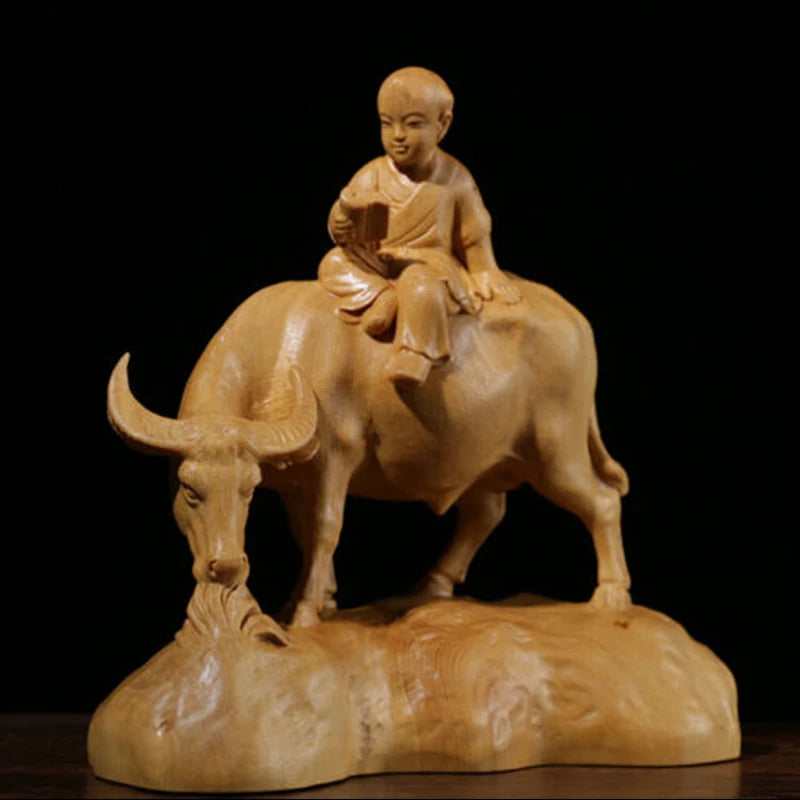 TJ178ca -12.5x12.5x6 CM Hand Carved Boxwood Figurine Carving - Boy Reading on Buffalo
