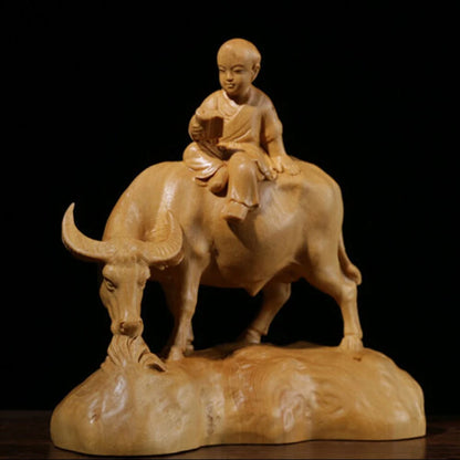 TJ178ca -12.5x12.5x6 CM Hand Carved Boxwood Figurine Carving - Boy Reading on Buffalo