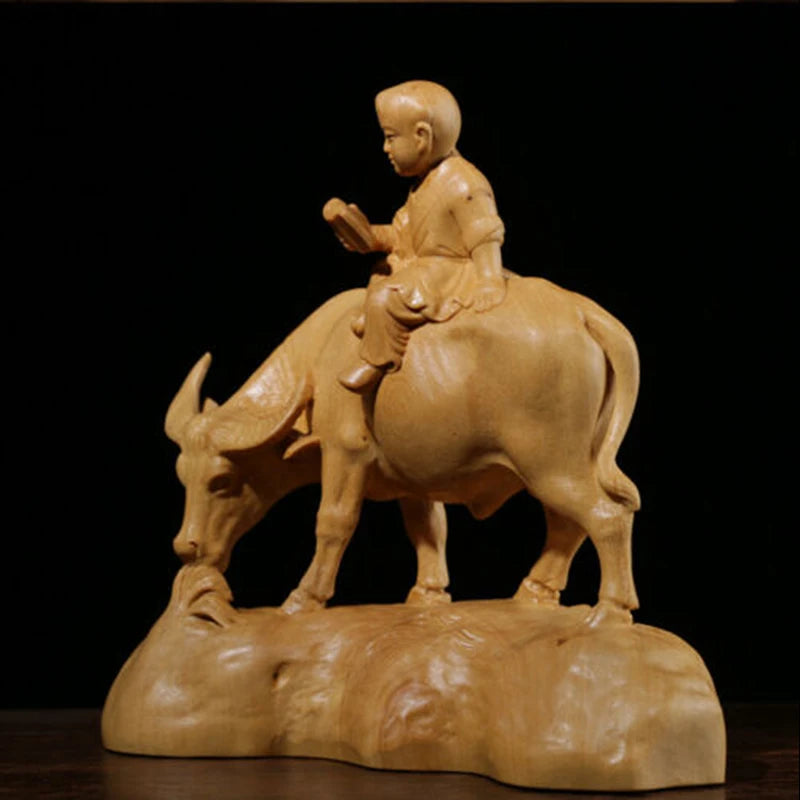 TJ178ca -12.5x12.5x6 CM Hand Carved Boxwood Figurine Carving - Boy Reading on Buffalo