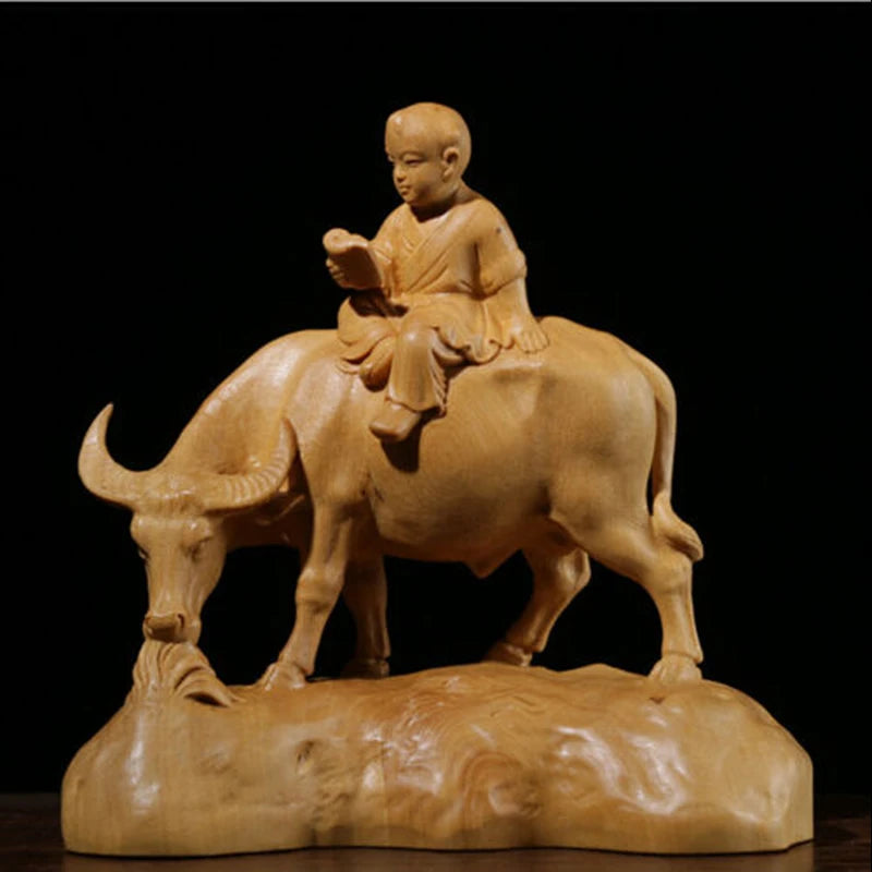 TJ178ca -12.5x12.5x6 CM Hand Carved Boxwood Figurine Carving - Boy Reading on Buffalo