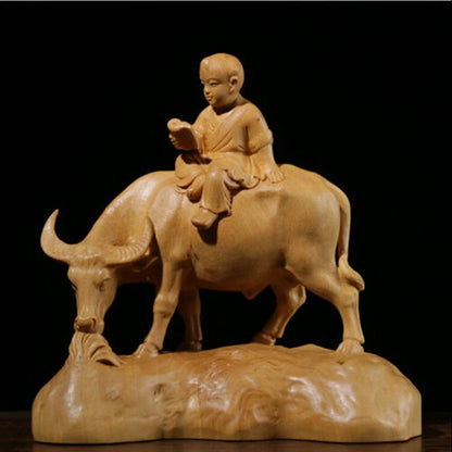 TJ178ca -12.5x12.5x6 CM Hand Carved Boxwood Figurine Carving - Boy Reading on Buffalo