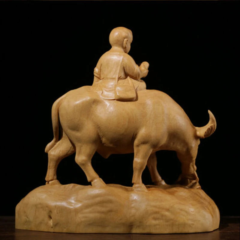 TJ178ca -12.5x12.5x6 CM Hand Carved Boxwood Figurine Carving - Boy Reading on Buffalo