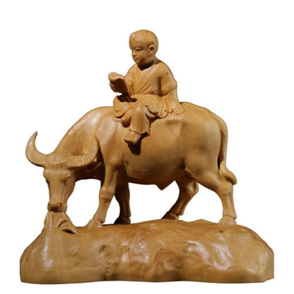 TJ178ca -12.5x12.5x6 CM Hand Carved Boxwood Figurine Carving - Boy Reading on Buffalo