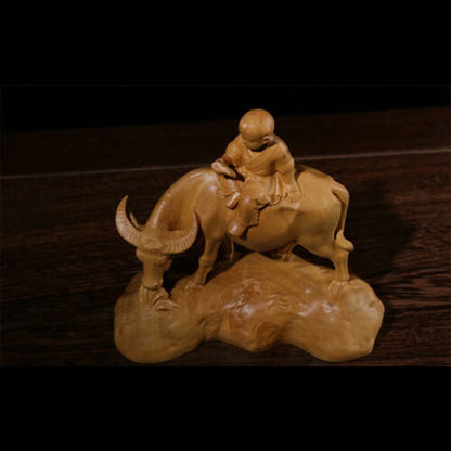 TJ178ca -12.5x12.5x6 CM Hand Carved Boxwood Figurine Carving - Boy Reading on Buffalo