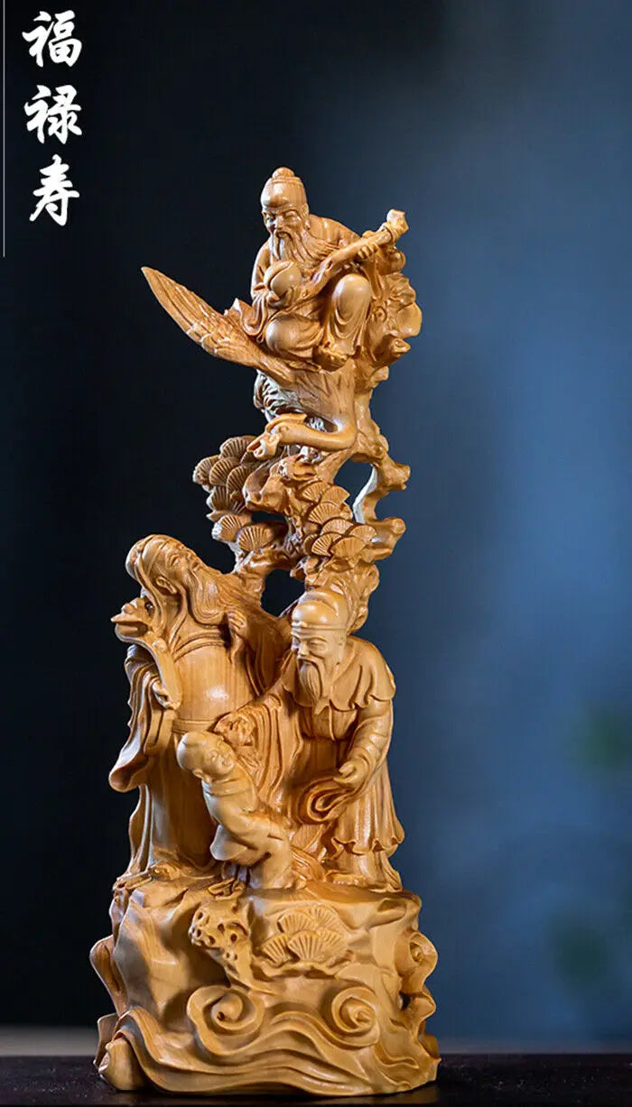TJ180ca - 18*7*7 CM Carved Boxwood Carving Figurine : 3 Star Gods on Tree