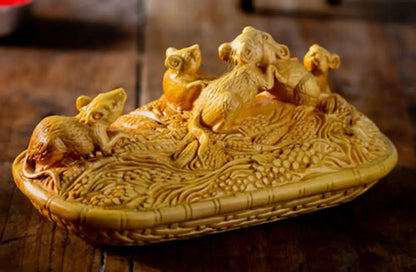TJ181ca - 13*6.5*6 CM Carved Boxwood Carving Figurine : 5 Rich Mice