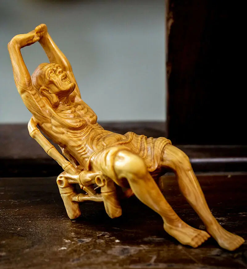 TL088 -- 16 x 5.5 x 9 CM Hand Carved Boxwood Figurine Carving : Luo Han on Chair