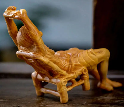 TL088 -- 16 x 5.5 x 9 CM Hand Carved Boxwood Figurine Carving : Luo Han on Chair
