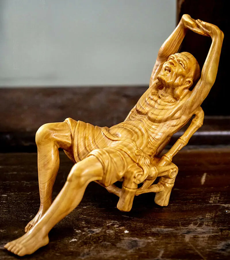 TL088 -- 16 x 5.5 x 9 CM Hand Carved Boxwood Figurine Carving : Luo Han on Chair