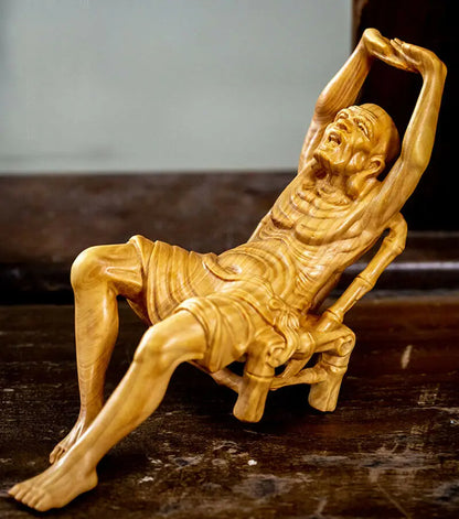 TL088 -- 16 x 5.5 x 9 CM Hand Carved Boxwood Figurine Carving : Luo Han on Chair