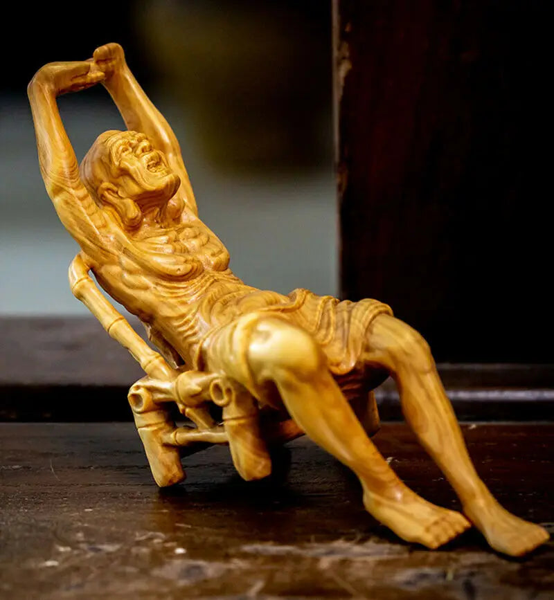 TL088 -- 16 x 5.5 x 9 CM Hand Carved Boxwood Figurine Carving : Luo Han on Chair