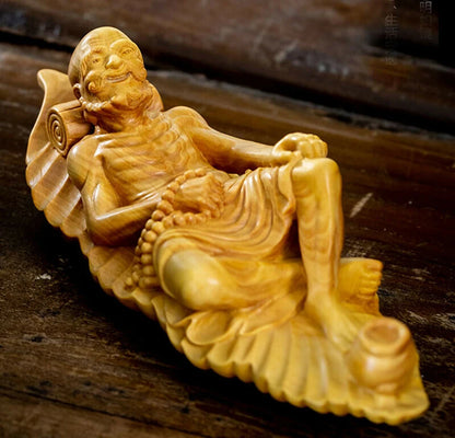 TL089 -- 17.5 x 6.5 x 5 CM Hand Carved Boxwood Figurine Carving : Damo Luo Han Monk on Leaf