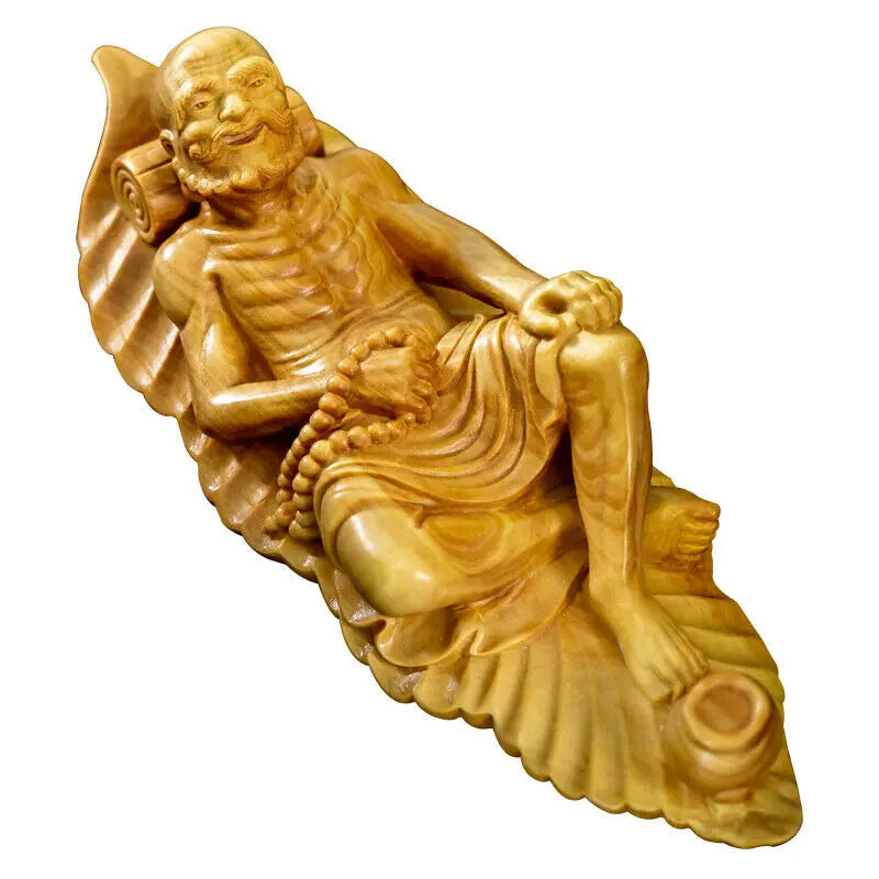 TL089 -- 17.5 x 6.5 x 5 CM Hand Carved Boxwood Figurine Carving : Damo Luo Han Monk on Leaf