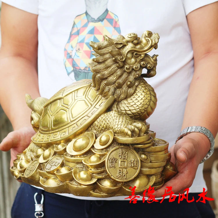 TOP COOL # HOME GOOD protective-efficacious Talisman House Protection Money Drawing Dragon Turtle FENG SHUI Brass statue-35 CM